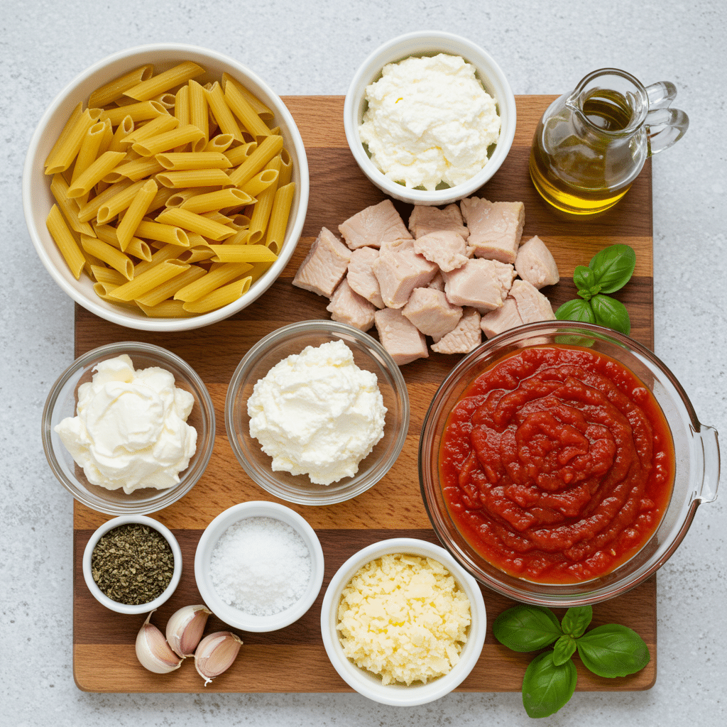baked ziti with chicken ingredients laid out