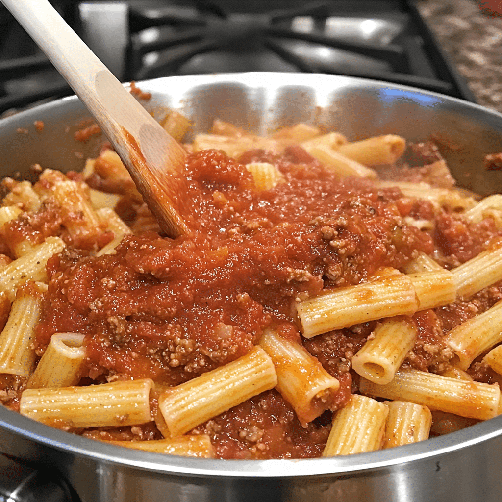 stirring ziti and sauce