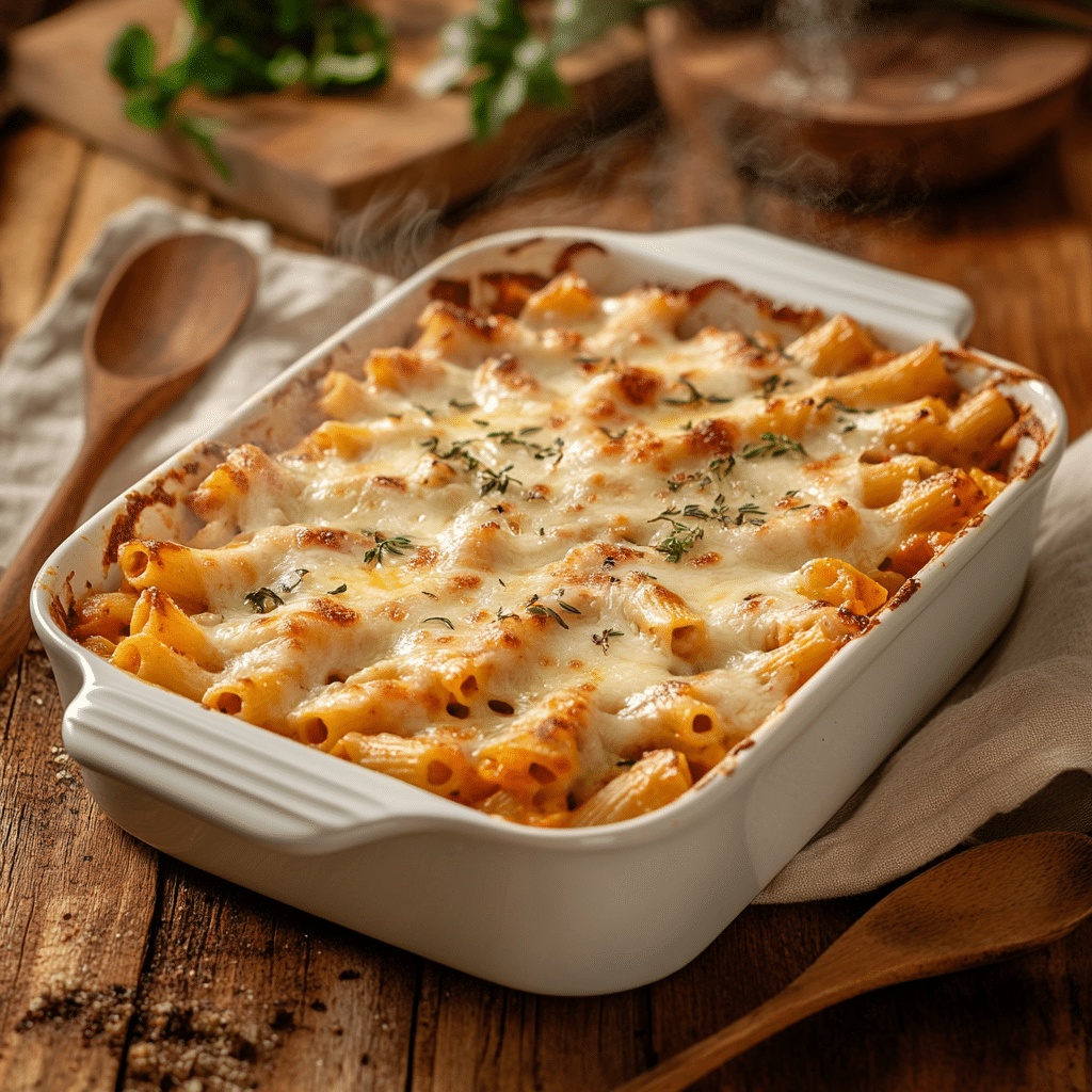 baked ziti with chicken fresh from oven