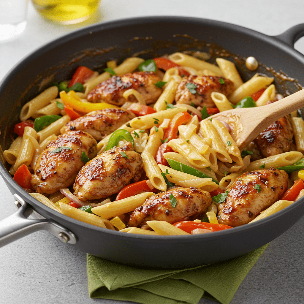 jerk chicken pasta final mixture in skillet
