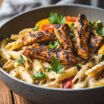 jerk chicken pasta in bowl with grilled chicken and peppers