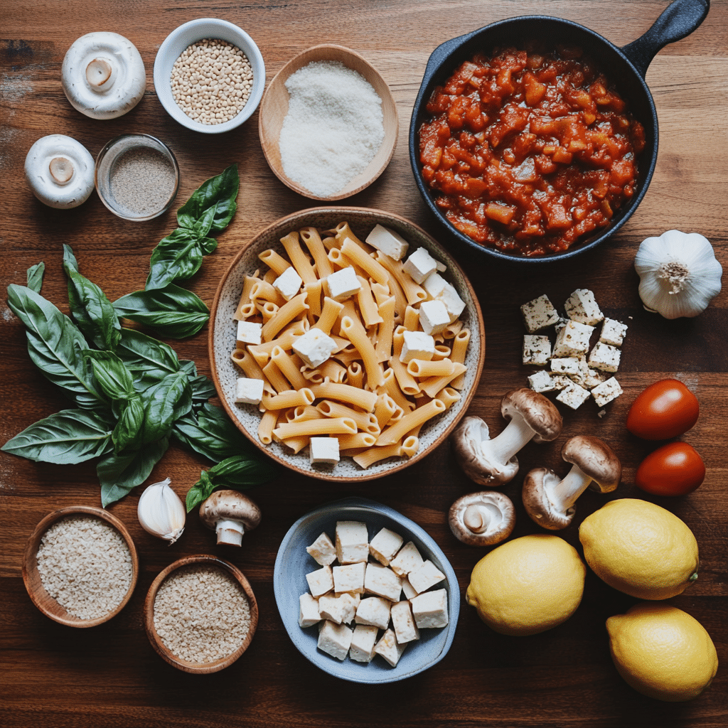 Ingredients for vegan baked ziti including tofu and pasta