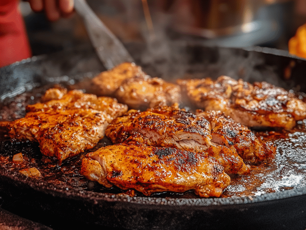 jerk chicken pasta chicken searing in skillet