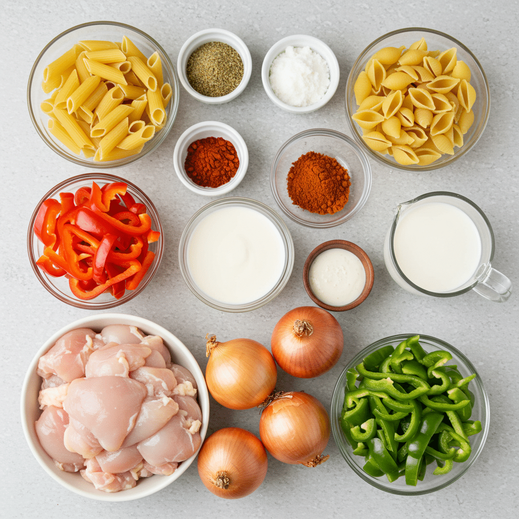 jerk chicken pasta ingredients flat lay