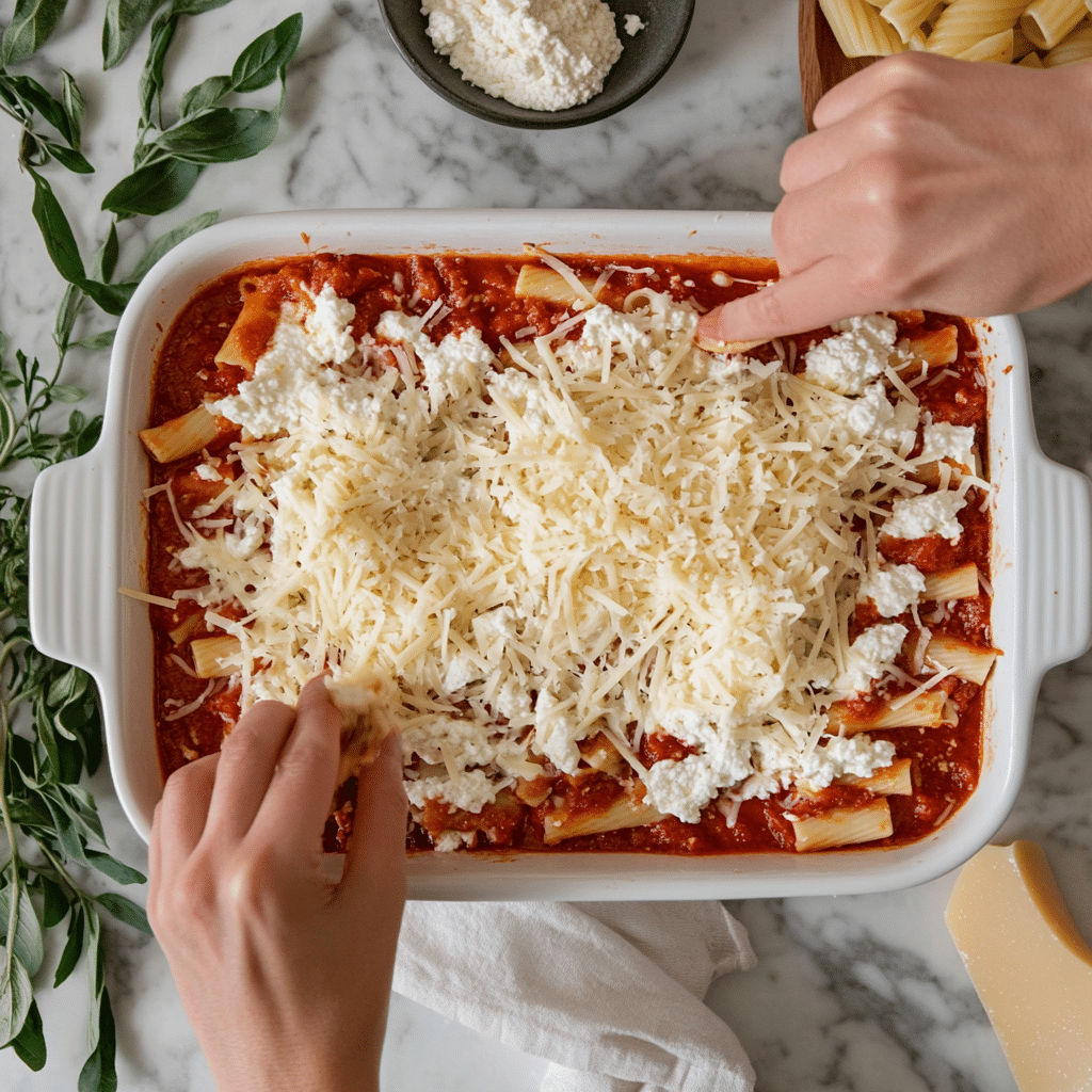 layering baked ziti with chicken in baking dish