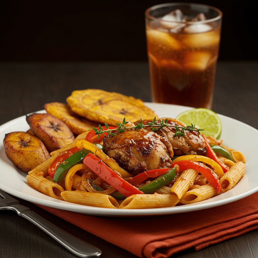 plated jerk chicken pasta with garnish