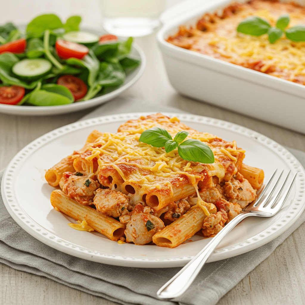 serving baked ziti with chicken