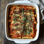 Vegan baked ziti in ceramic dish with bubbling cheese