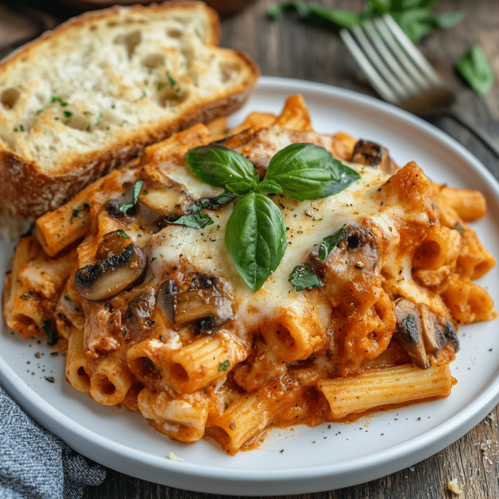 Plated vegan baked ziti with basil