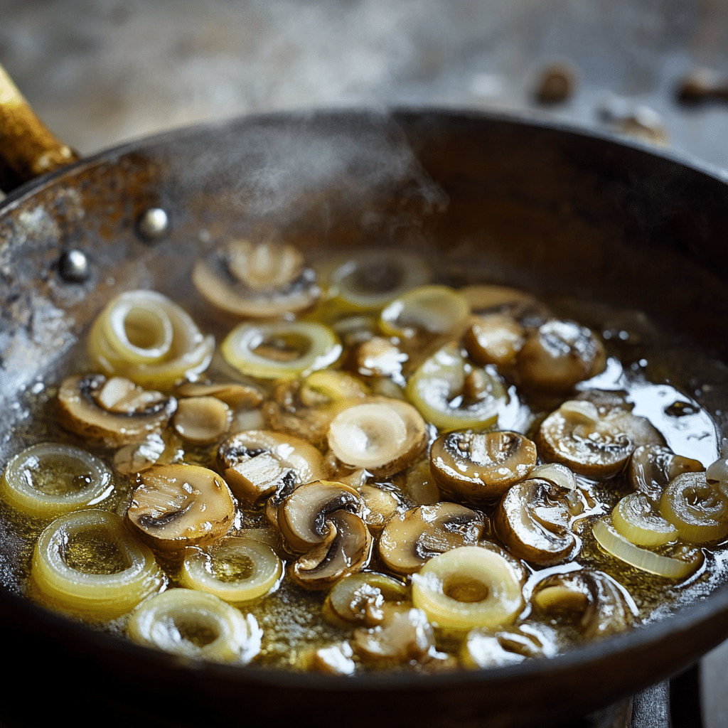 Sautéing mushrooms and garlic for vegan baked ziti