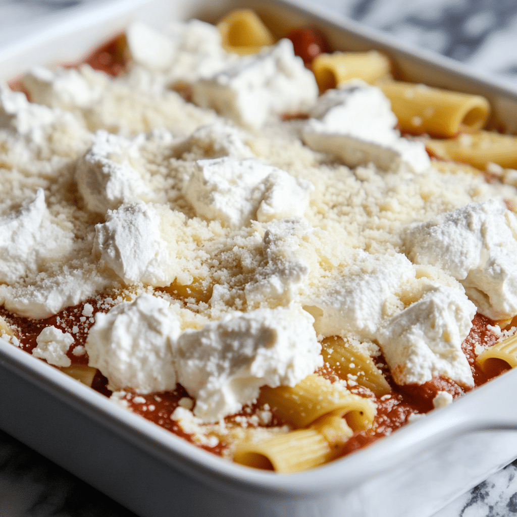 Layering vegan baked ziti before baking