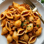 beef pasta recipe in white plate