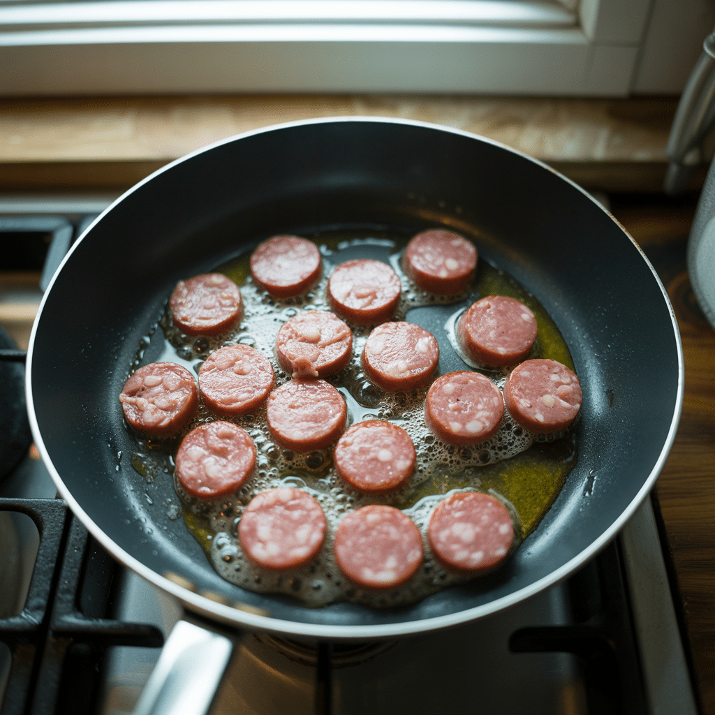 Sliced sausage rounds cooking in hot oil inside a nonstick frying pan on a gas stove