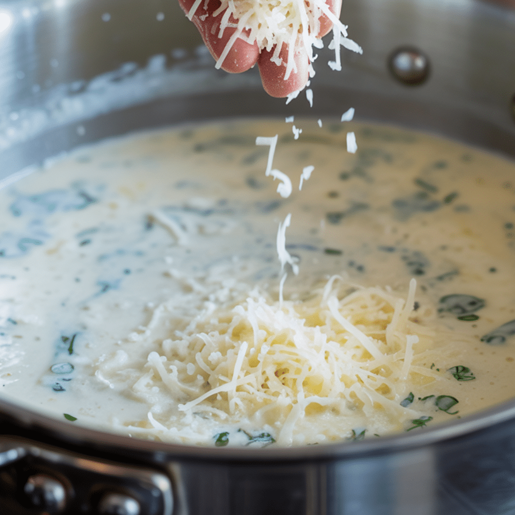 Hands grating fresh Parmesan cheese into a pot containing creamy white sauce with herbs