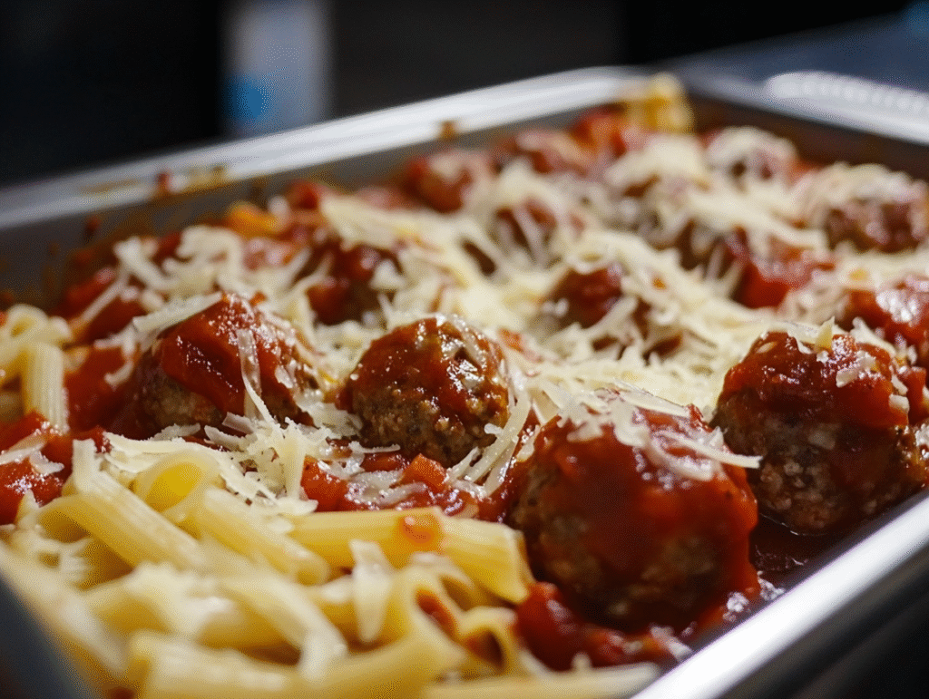 Layering pasta and meatballs for baked ziti