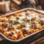 Baked ziti with meatballs fresh from oven