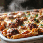 Baked ziti with meatballs fresh from oven