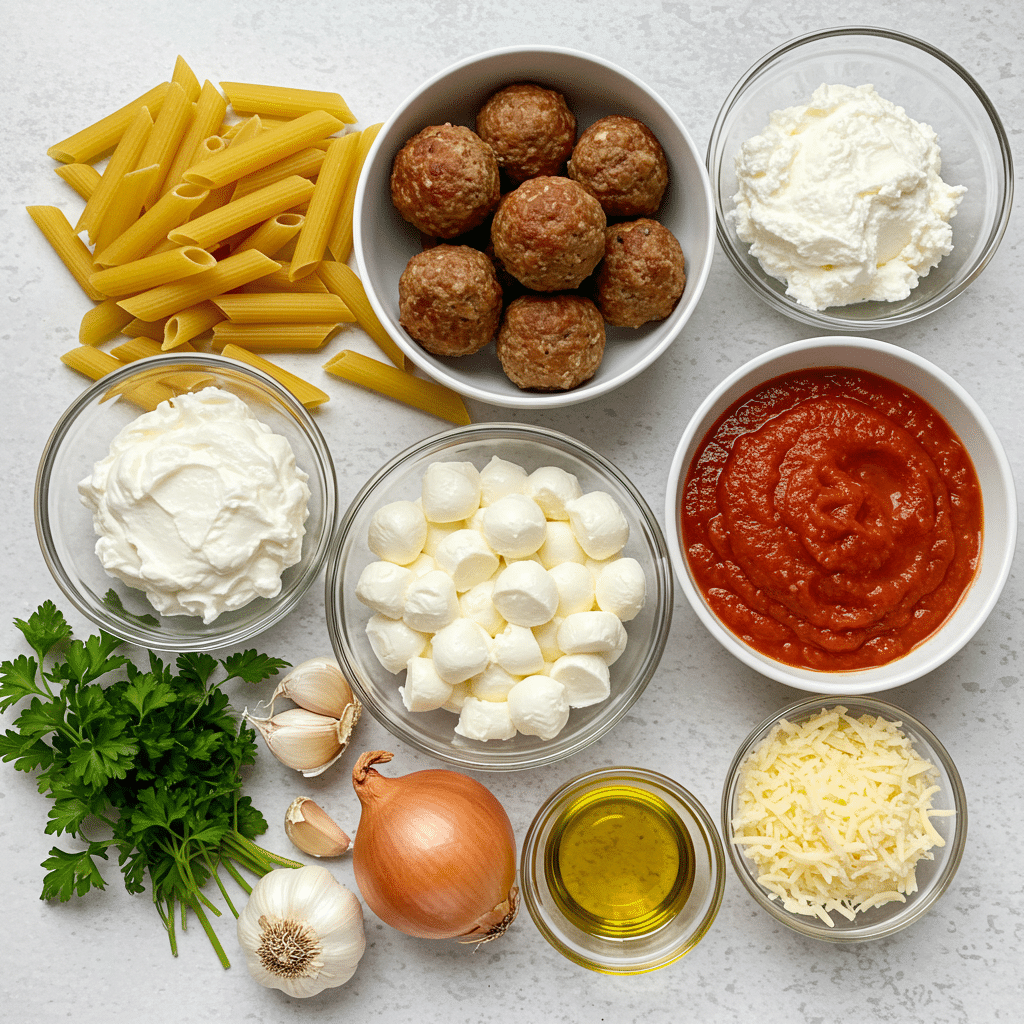 Ingredients for baked ziti with meatballs