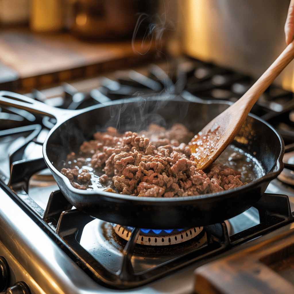 Ground beef being browned in a cast iron skillet on a gas stove, stirred with a wooden spatula.