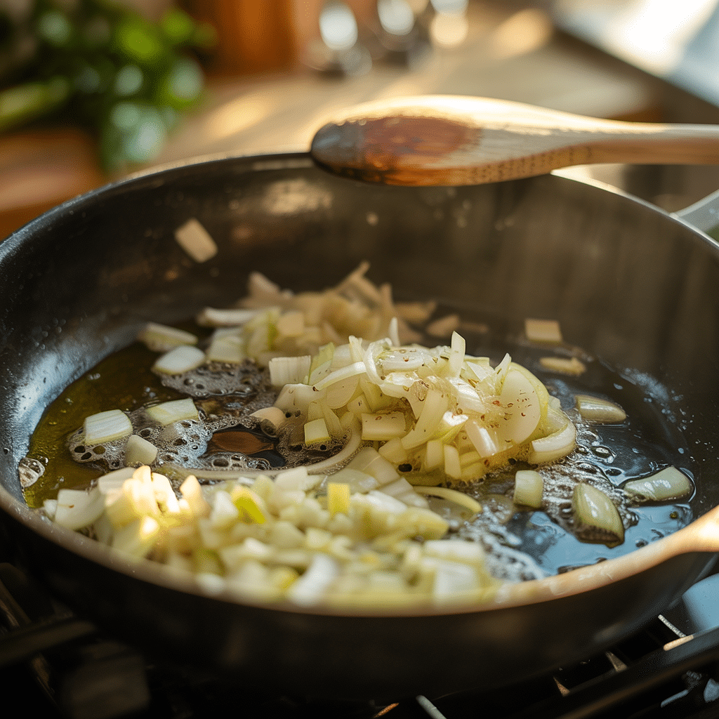 Chopped onions and minced garlic sautéing in olive oil in a non-stick pan with a wooden spoon resting on the edge.