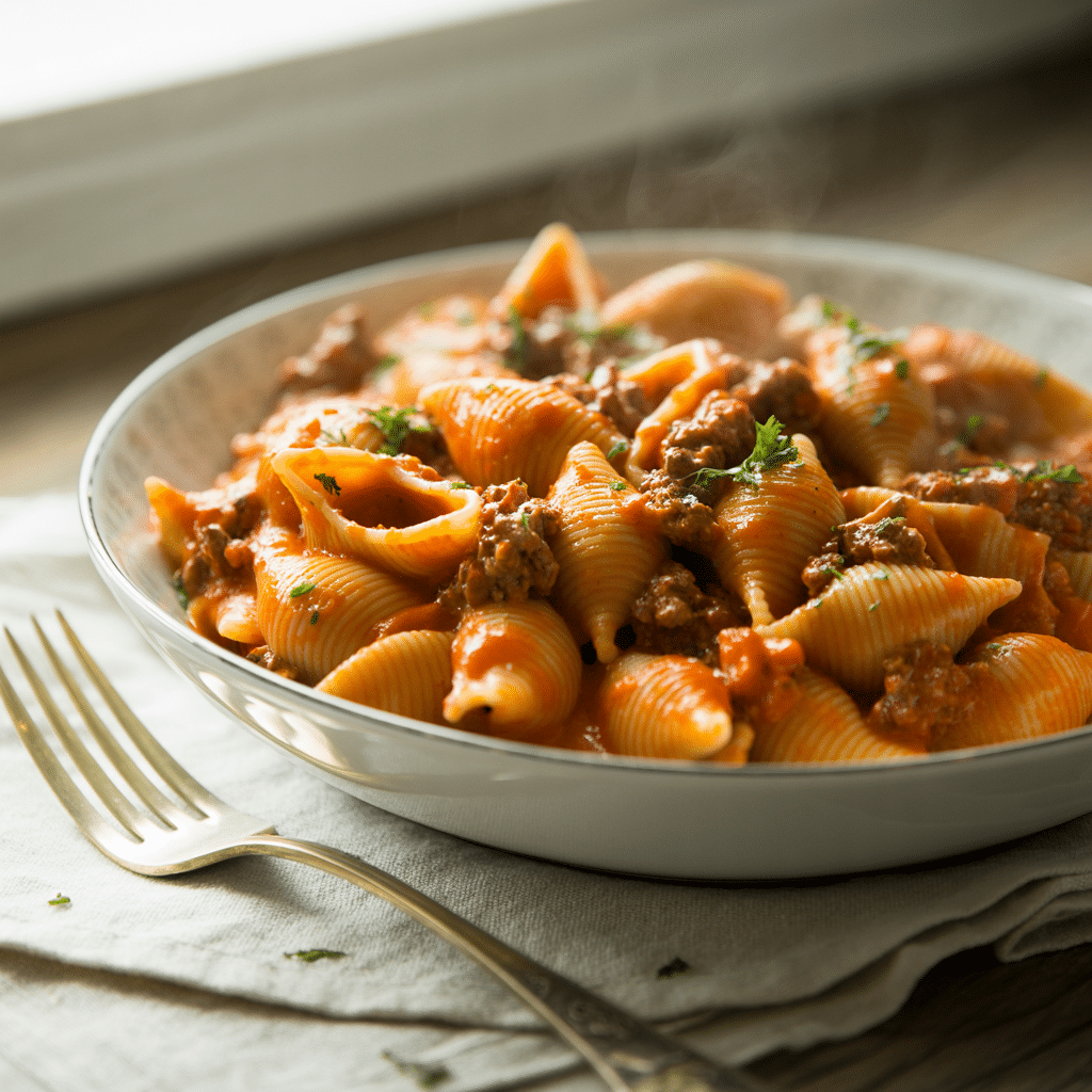 beef pasta served with basil and parmesan