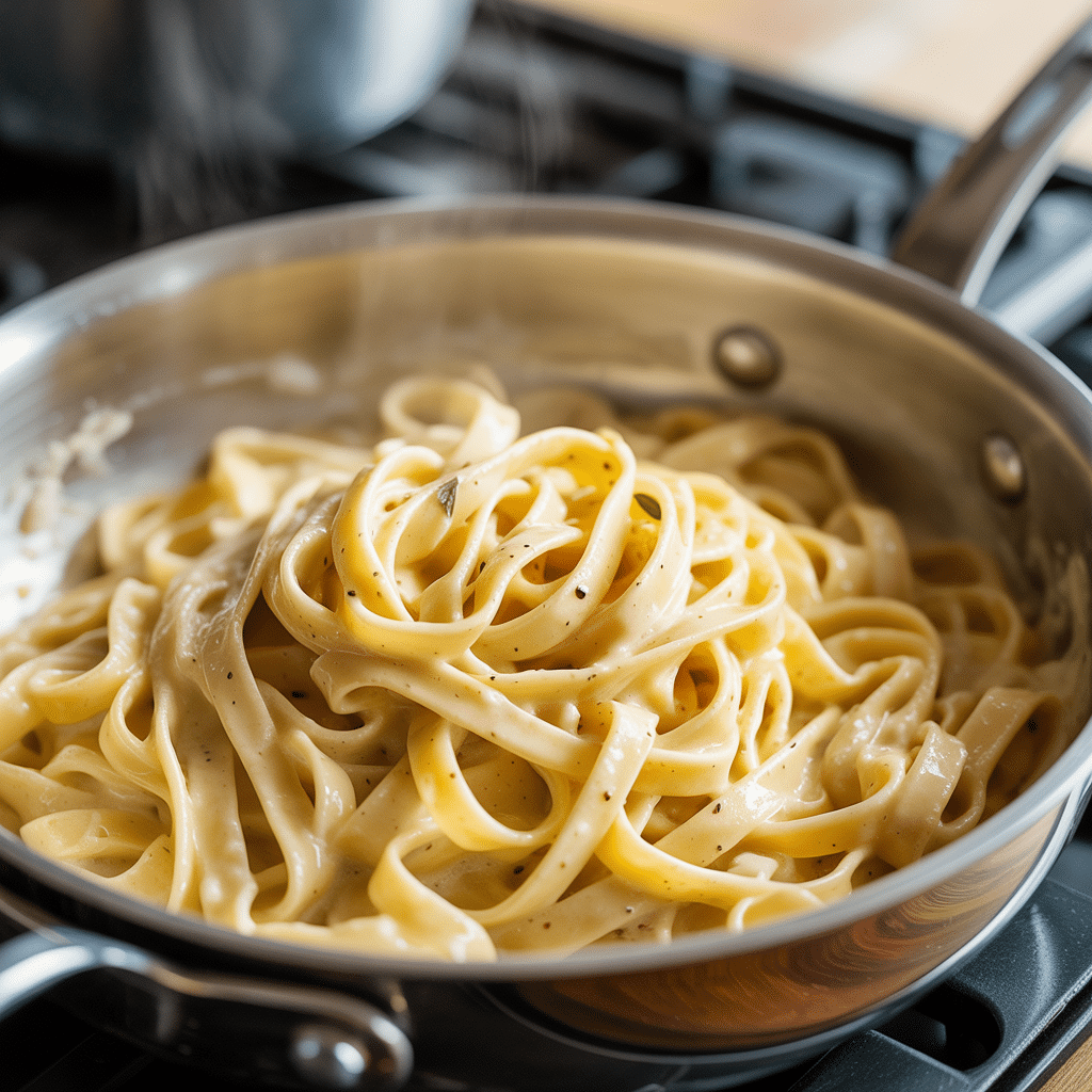 linguine pasta with creamy sauce and herbs cooking in pot