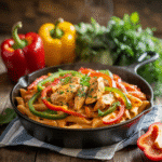 Chicken fajita pasta in skillet with peppers and steam