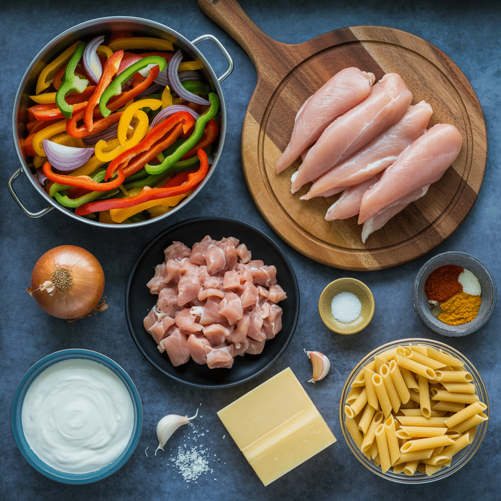 Ingredients for chicken fajita pasta