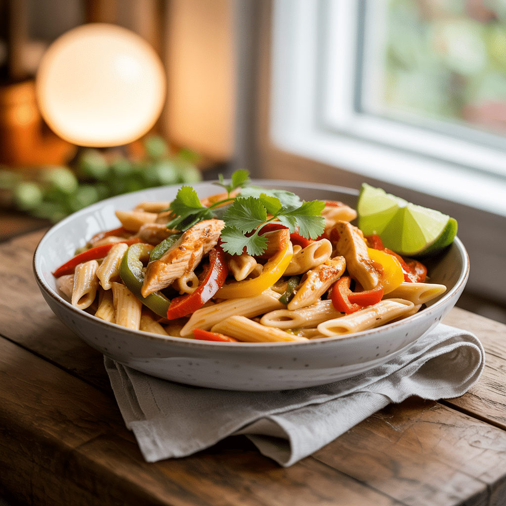 Chicken fajita pasta served in a bowl with garnish