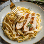 Linguine pasta with sliced grilled chicken and gold fork on white plate with gold rim