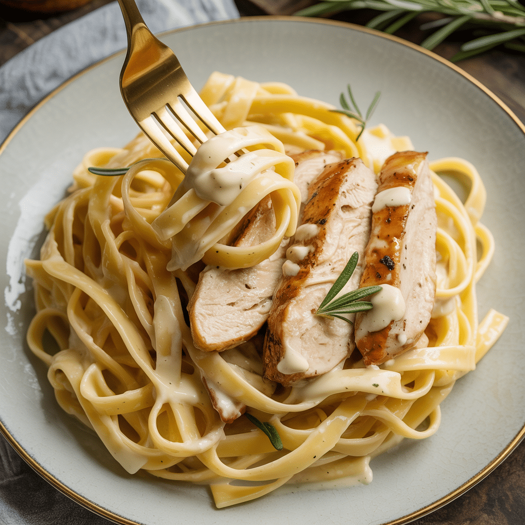 Linguine pasta with sliced grilled chicken and gold fork on white plate with gold rim