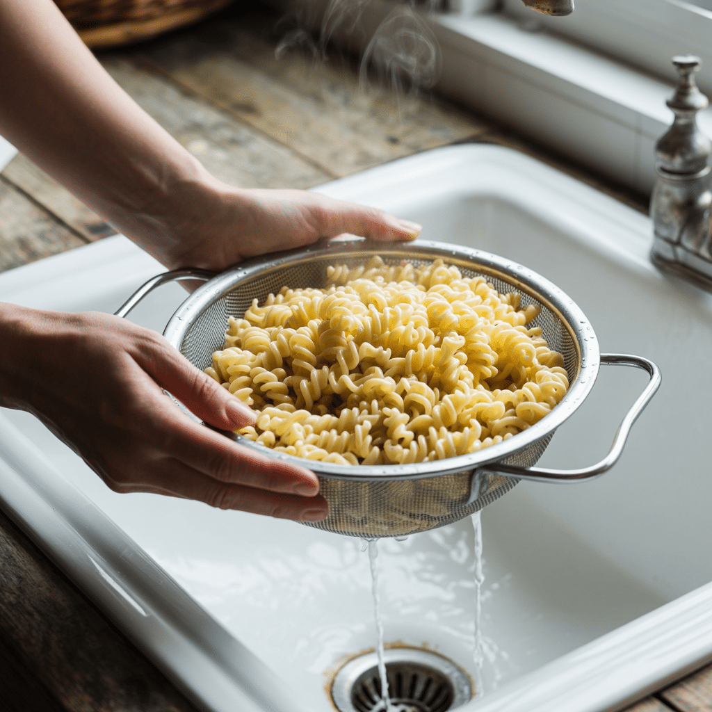 Draining cooked rotini pasta for salad