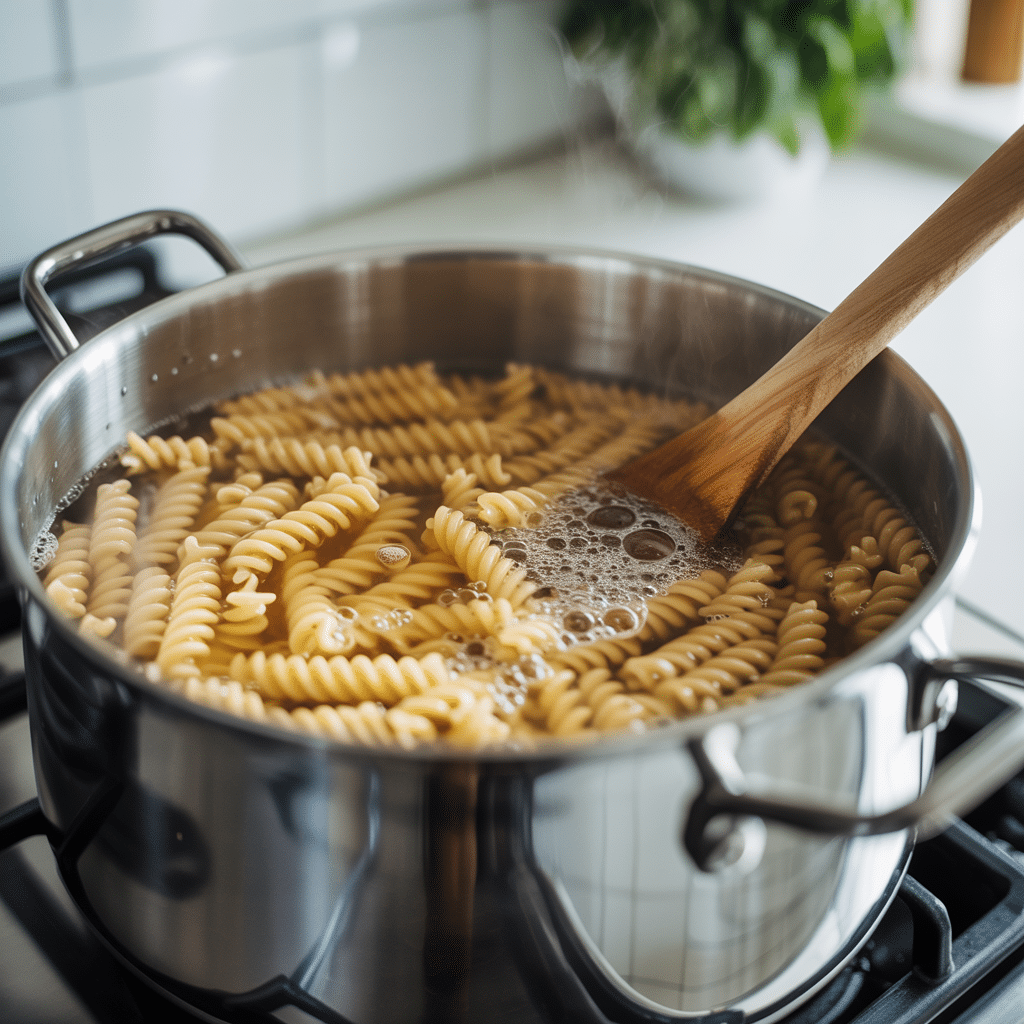 Boiling rotini pasta in pot