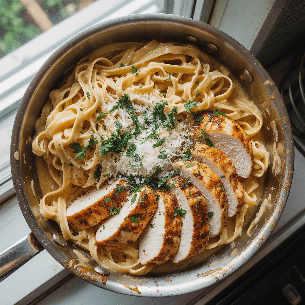 creamy lemon chicken pasta in a pan