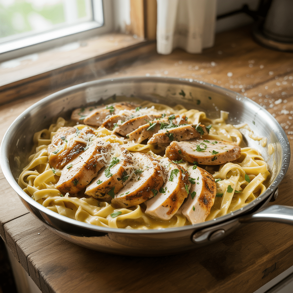 serving creamy lemon chicken pasta
