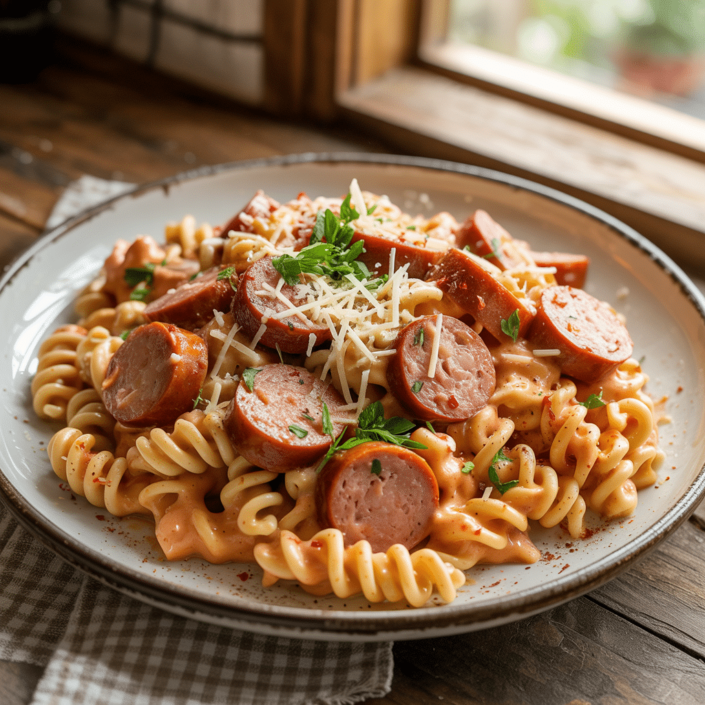 Creamy Smoked Sausage Pasta served in ceramic plate