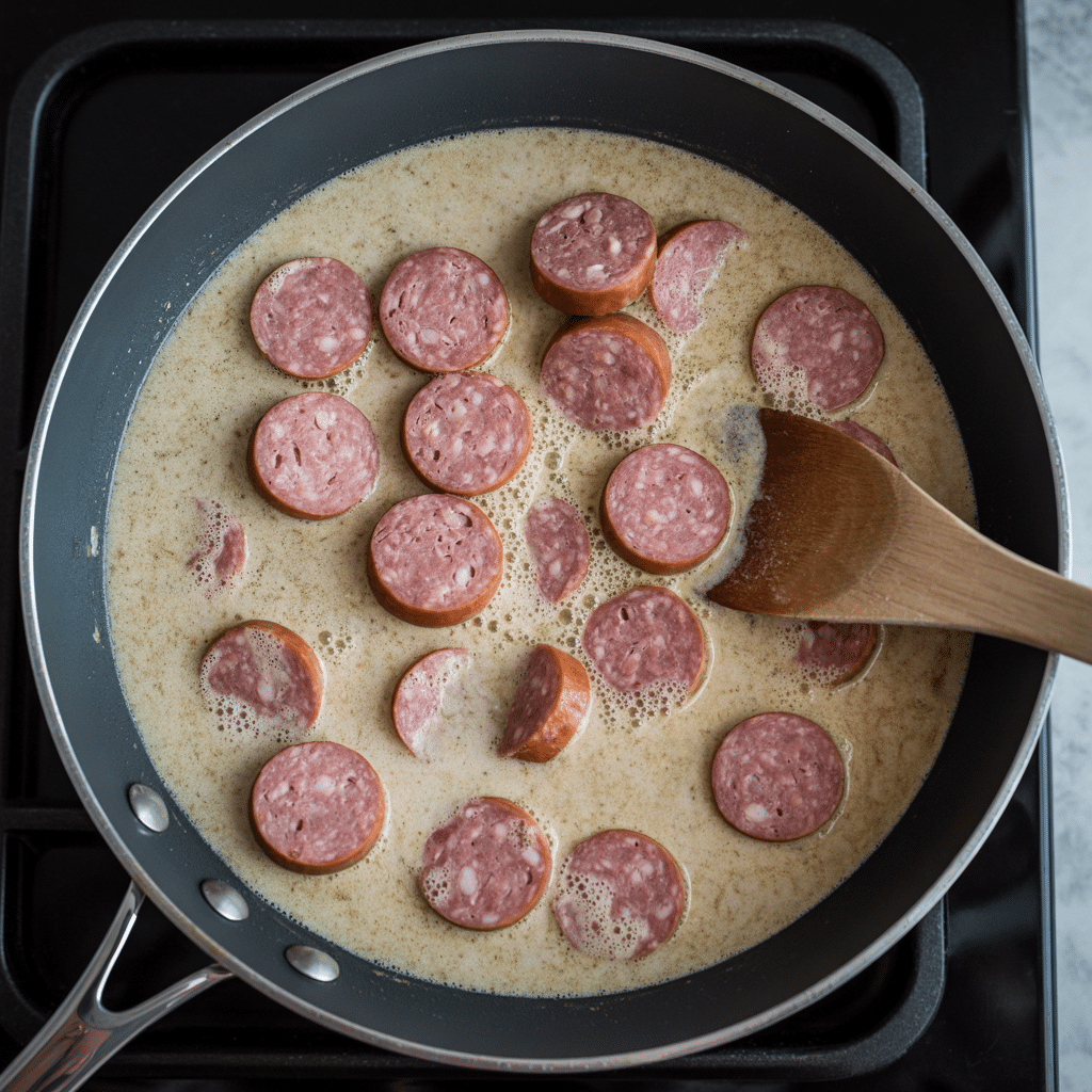 Creamy Smoked Sausage Pasta cooking in skillet