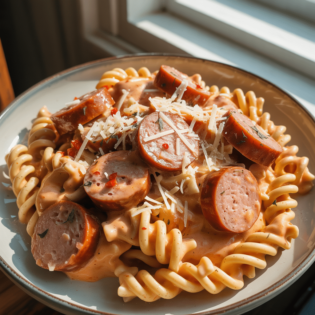 Creamy Smoked Sausage Pasta served hot in ceramic plate