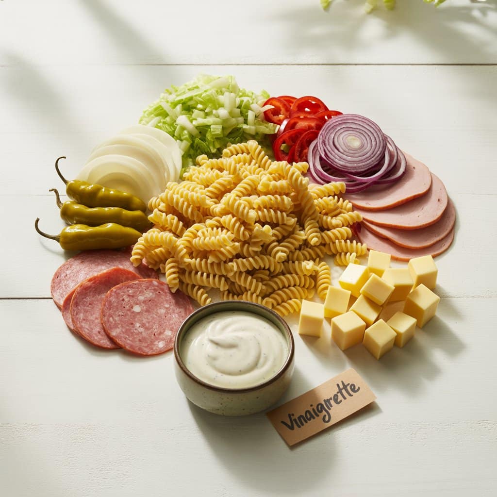 Grinder pasta salad ingredients laid out on a countertop