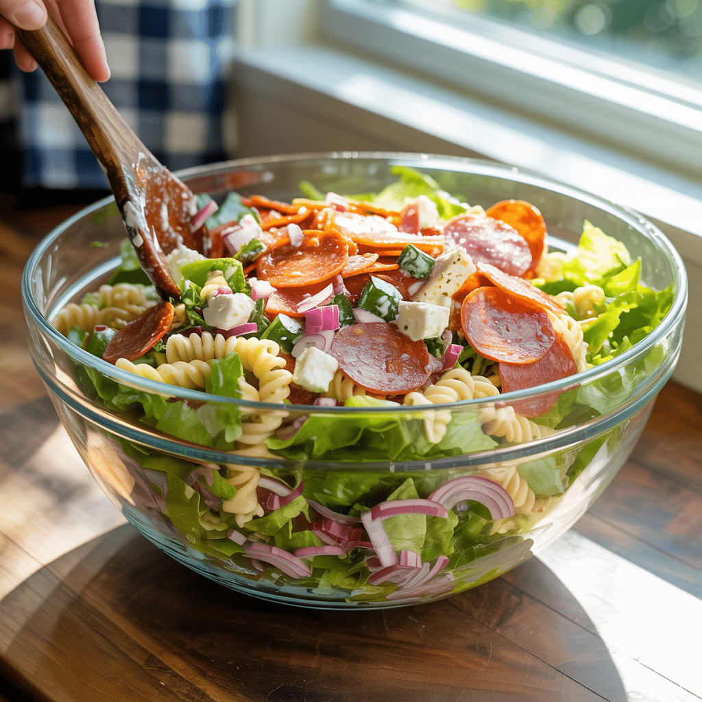 Mixing grinder pasta salad ingredients with dressing