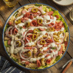 Grinder pasta salad in serving bowl on wooden table