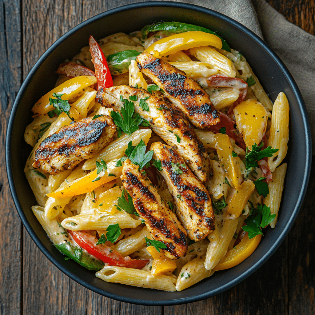 jerk chicken pasta in bowl with grilled chicken and peppers