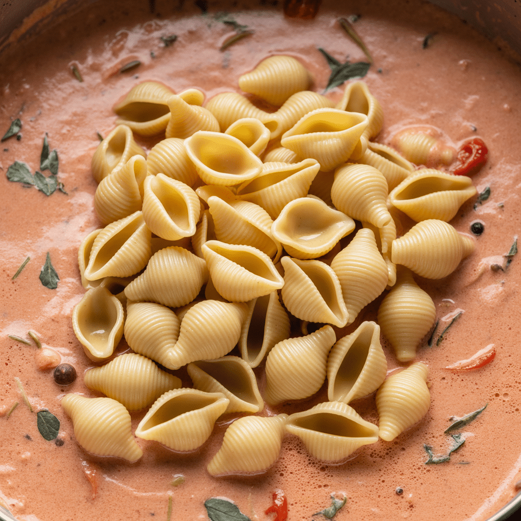 Mixing shell paste with creamy sauce in pan step