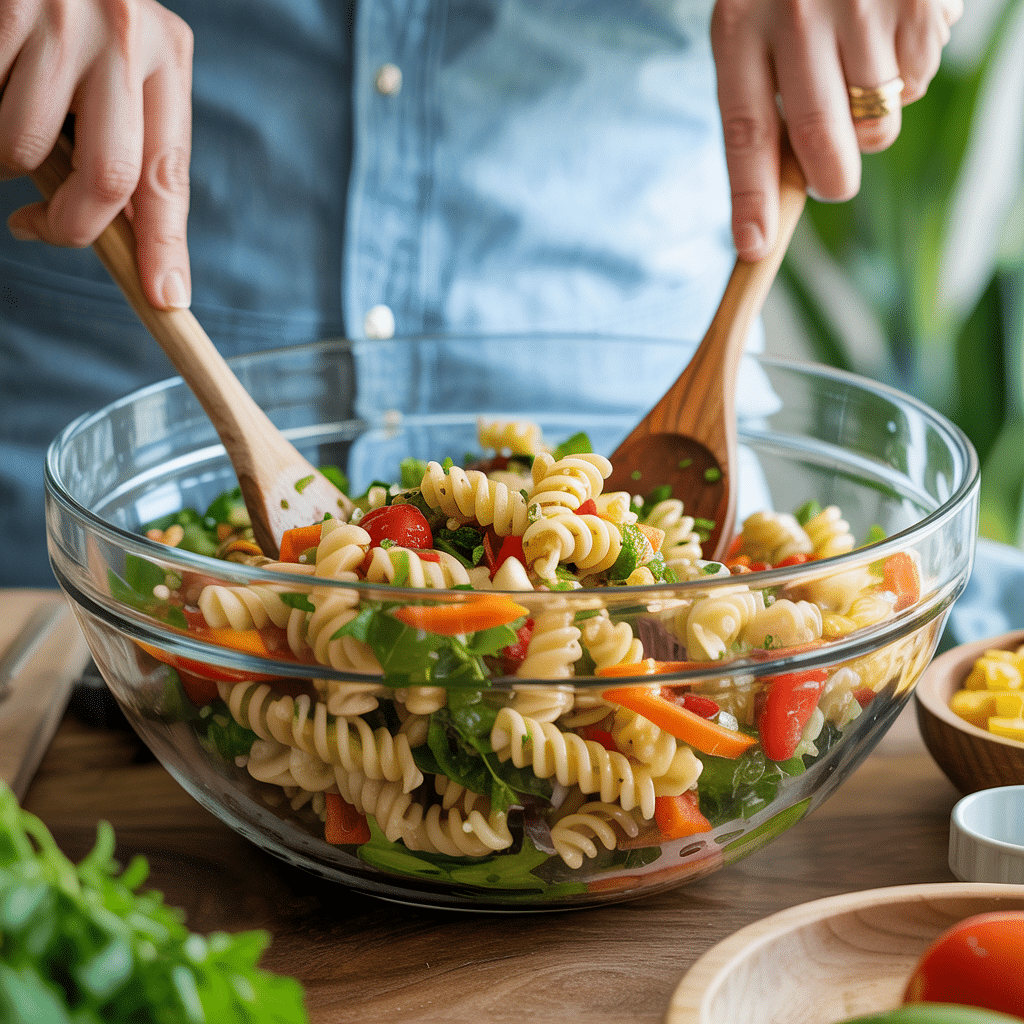 Mixing pasta salad with dressing and vegetables