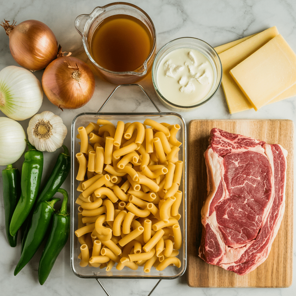 Ingredients for Philly cheesesteak pasta