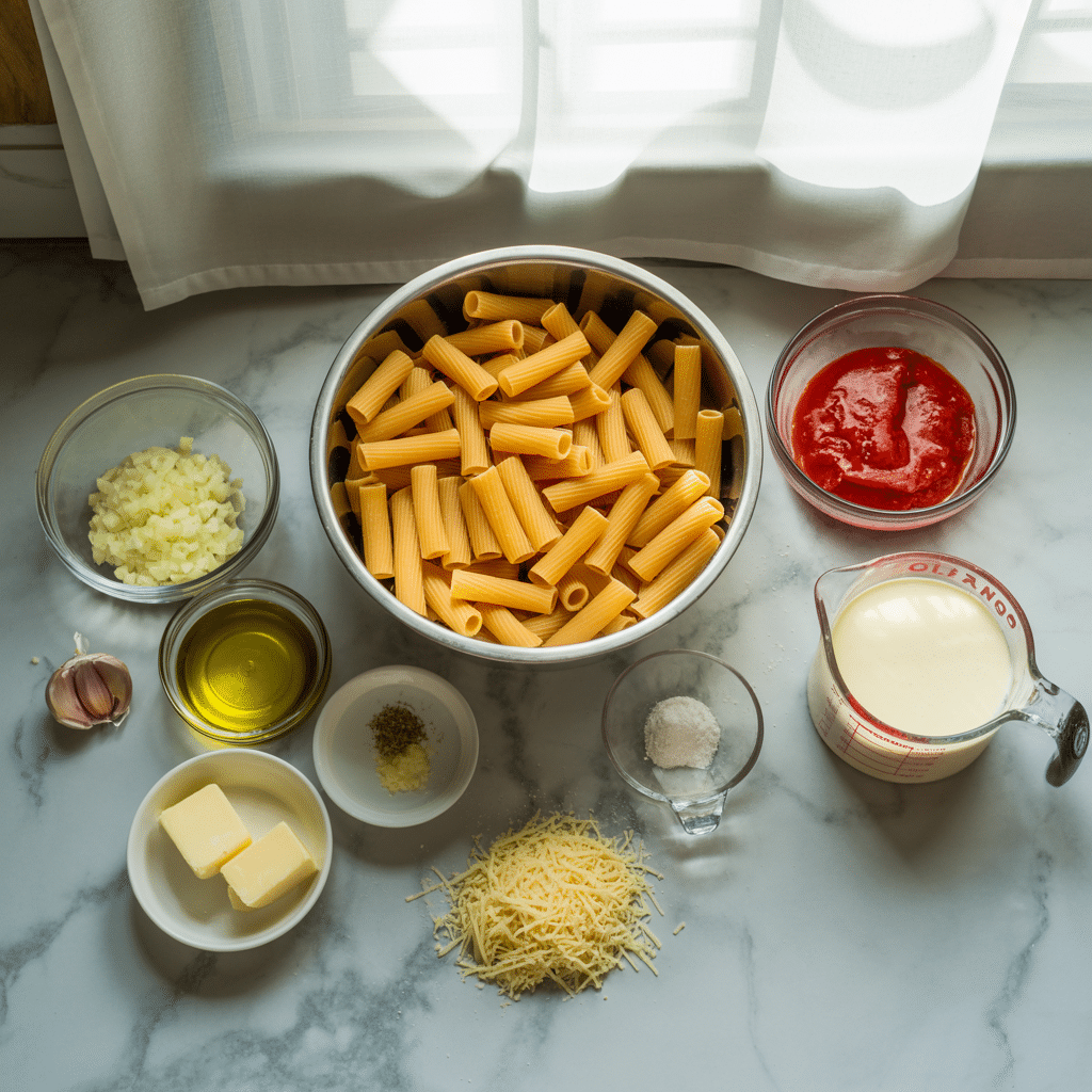 Ingredients for pink sauce pasta recipe