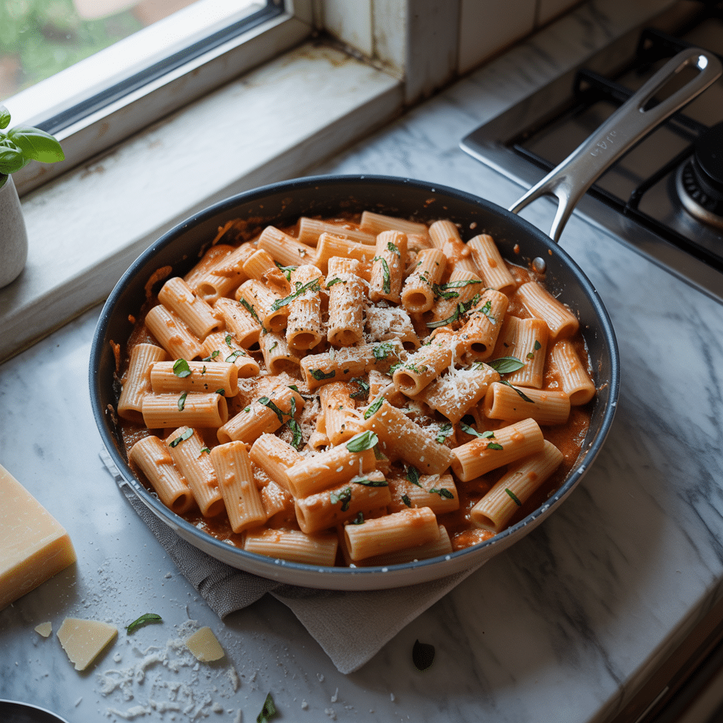 Pink sauce pasta recipe in pan