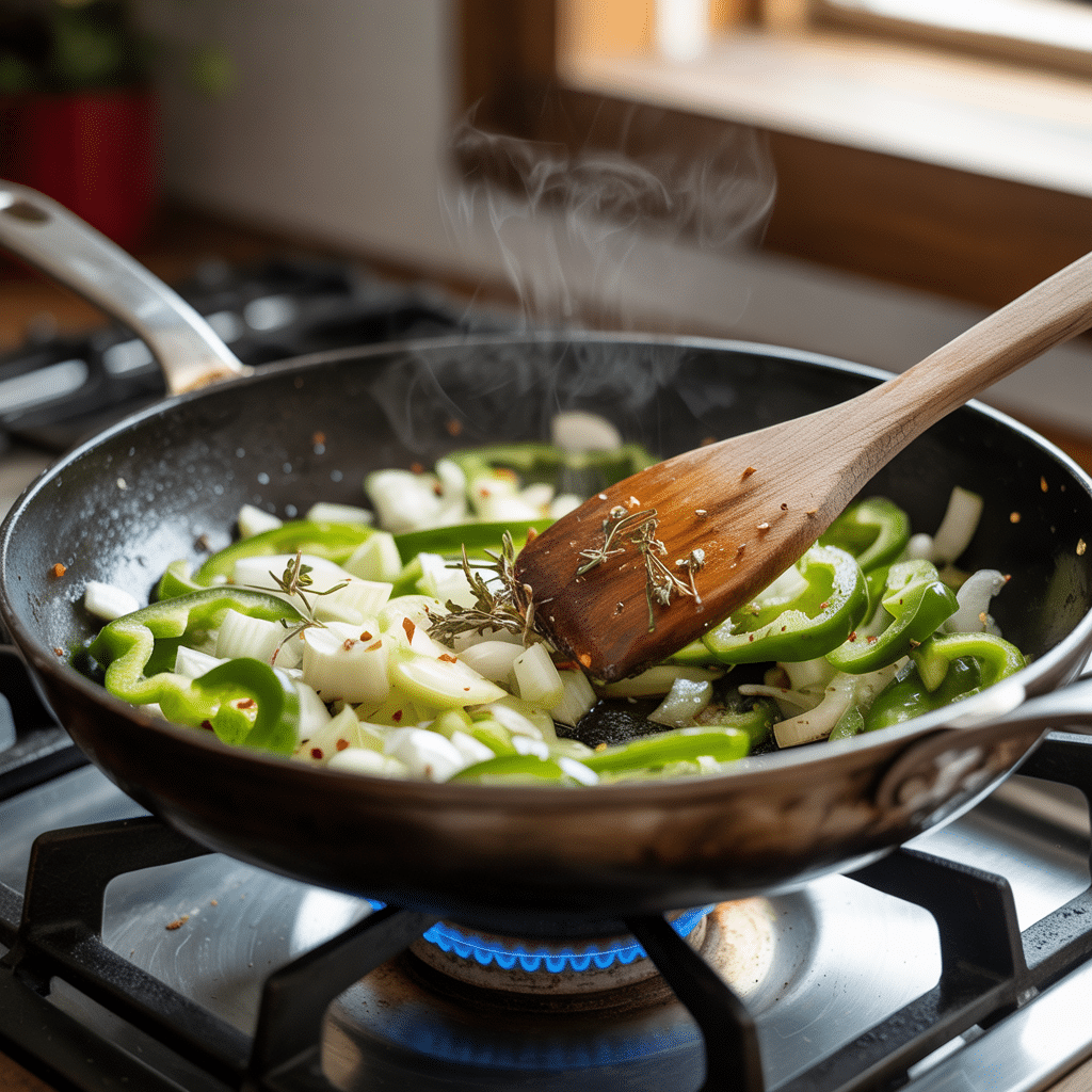 Onions and peppers being sautéed
