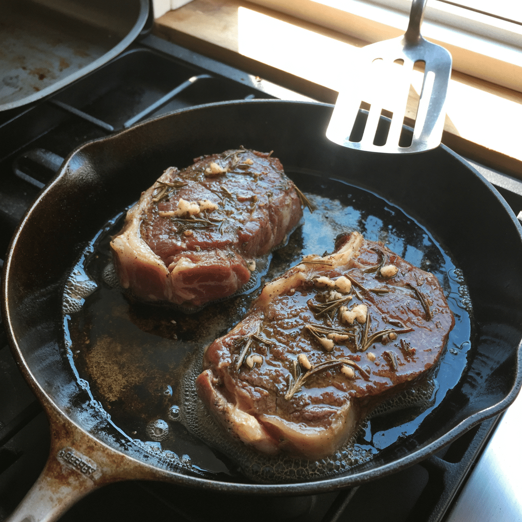 steak searing in cast iron skillet