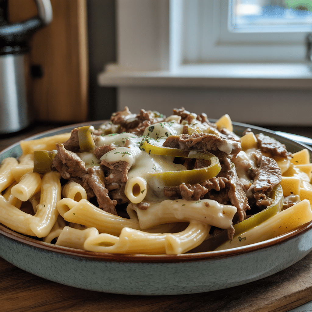 Philly cheesesteak pasta plated with toast